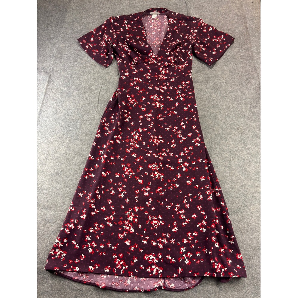 H & M Plum Purple Floral Polka Dot V-Neck Short Sleeve Midi Dress Women 4 Classy